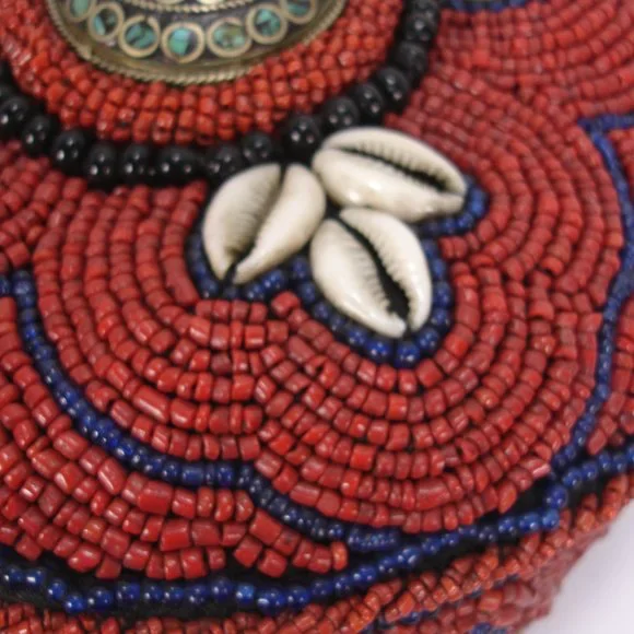 BEADED COWIRE SHELL SILVER TURQUOISE CULTURAL ETHNIC TRIBAL HAT HAND MADE Hats